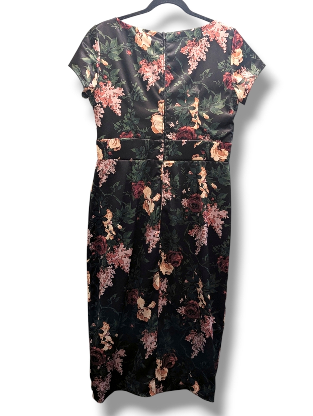 Pinup Couture Ava Faux Wrap Wiggle Satin Dress Black w/ Pink Floral Print- XL - Picture 2 of 16